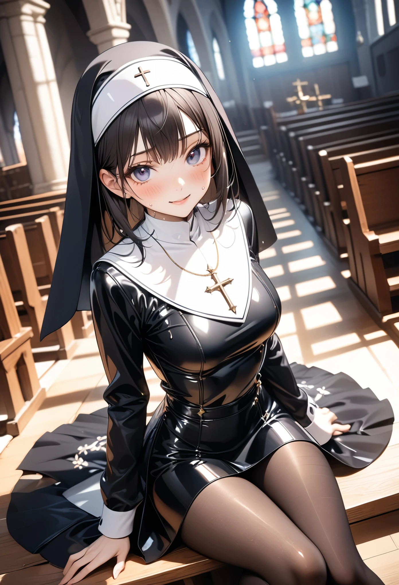 (Evil smile), (((traditional nun, Gorgeous embroidery, Leather panties, skirt, Pantyhose, Stiletto heels))), ((Shiny Costumes)), ((skindentation)), skinny, solo, 1 woman, Masterpiece, highest quality, highest quality, 16K, incredibly absurd, highly detailed, 2.5D, ai-generated, delicate and dynamic, very delicate facial expressions, delicate eye depiction, erotic, only sexy woman, ((A cute and kind face)), healthy figure, ((1 woman)), 160cm tall, medium firm swaying bust, Dark Hair, blush, Sweat,Embarrassed,sexy, ((thin thighs)), shiny and lustrous, facing straight at viewer, (((in heat))), ((Oily_skin)), ((Lots of sweat)), ((dutch angle)), ((erotic pose)), (((Dynamic Pose))), ((Transparent and sparkling costume)), ((Inside the church chapel)), (sit),