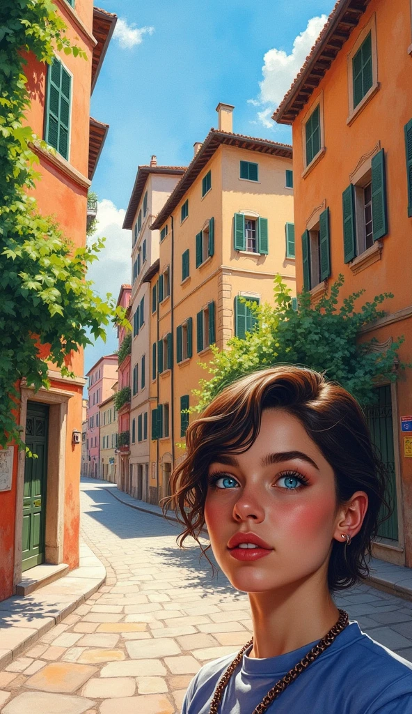 Rome, (Realistic), watercolor, Highest quality, Dynamic colors, Swirl, Architecture Street, Portrait of a person, blue eyes, Grapevine, landscape, sunny, Black, Chain attached to a ring, Digital Painting, Ultra-high resolution,