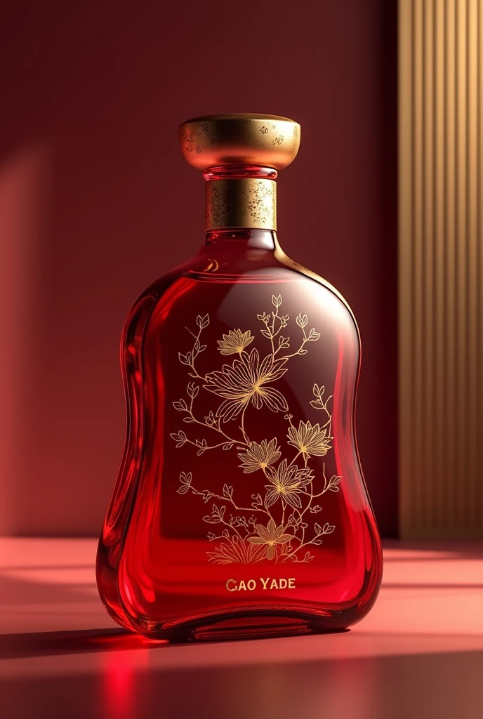 A wine bottle,Creative design of wine flask,Has rounded edges,design,Red tinted glass material,There is a golden Chinese medicine pattern,Trendy bottle design,There are streamlined patterns on the bottle,Engraved relief,High-end,Gao Yade,Streamlined texture,Metal bottle caps,golden bottle cap,high quality,surreal style