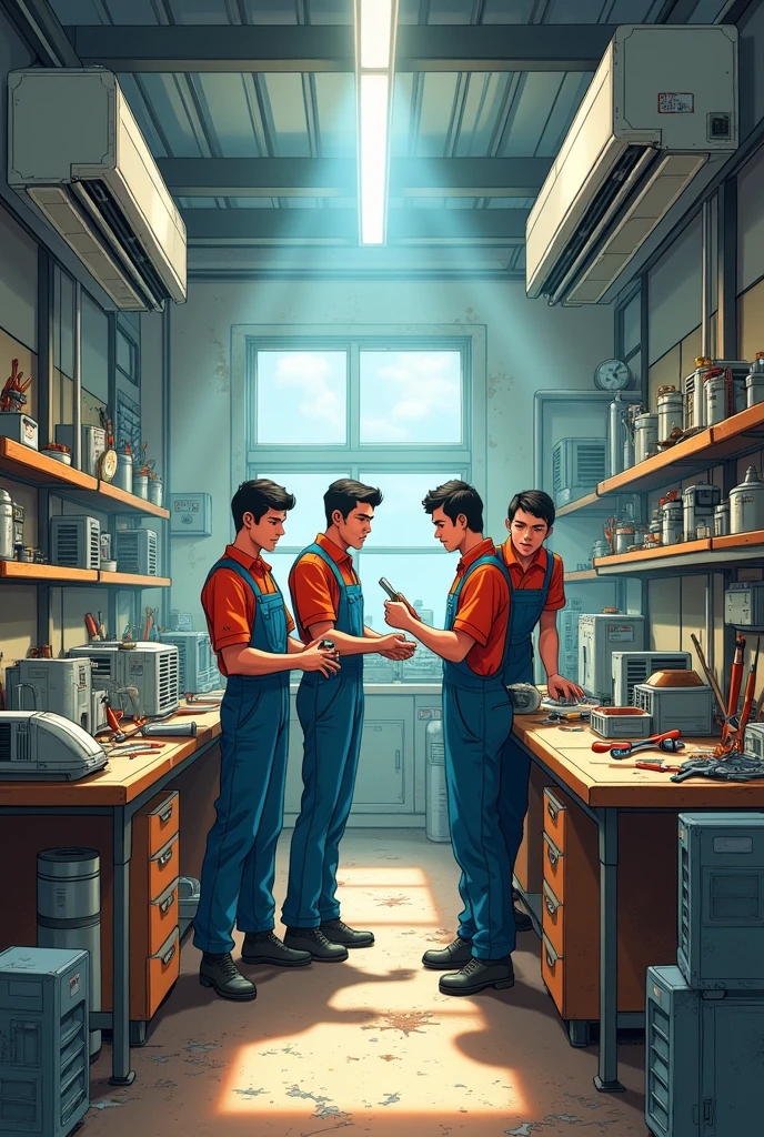 Make a drawing of the series in which only the four main characters appear while they are playing with tools in an air conditioning repair workshop in which there are air conditioners., Refrigerators and work tools on the floor or tables
