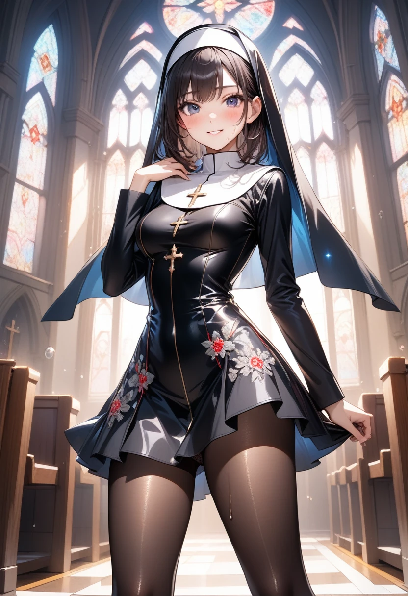 (Evil smile), (((traditional nun, Gorgeous embroidery, Leather panties, skirt, Pantyhose, Stiletto heels))), ((Shiny Costumes)), ((skindentation)), skinny, solo, 1 woman, Masterpiece, highest quality, highest quality, 16K, incredibly absurd, highly detailed, 2.5D, ai-generated, delicate and dynamic, very delicate facial expressions, delicate eye depiction, erotic, only sexy woman, ((A cute and kind face)), healthy figure, ((1 woman)), 160cm tall, medium firm swaying bust, Dark Hair, blush, Sweat,Embarrassed,sexy, ((thin thighs)), shiny and lustrous, facing straight at viewer, (((in heat))), ((Oily_skin)), ((Lots of sweat)), ((dutch angle)), ((erotic pose)), (((Dynamic Pose))), ((Transparent and sparkling costume)), ((Inside the church chapel)),