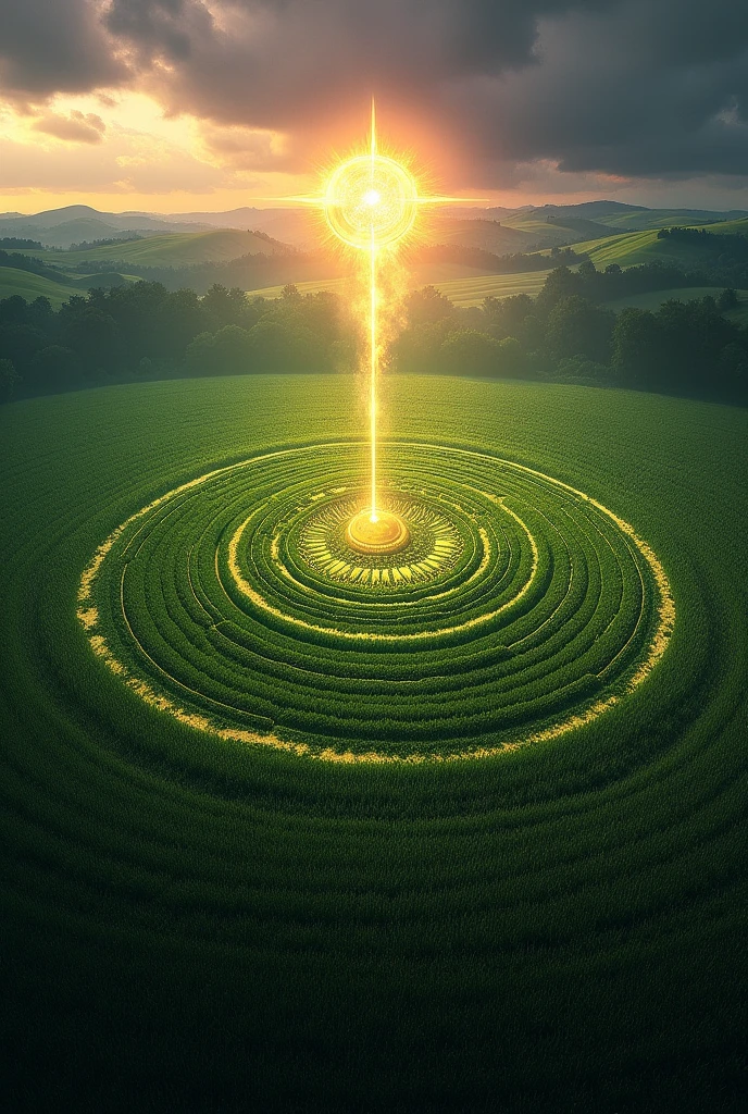 main image: A crop circle on a plantation, capturado de cima para mostrar a featuringplexidade dos padrões. The circle must be well highlighted, featuring sombras que realcem os detalhes.
Alien Element: An alien figure or a mysterious glow over the crop circle to suggest the presence of something extraterrestrial.
Core Tones: Use shades of green and gold to represent the plantation, featuring um céu noturno ou de amanhecer no fundo para dar um ar enigmático. A touch of purple or dark blue can be used to give a mysterious effect to the sky..
Title on the Cover: O texto "Mysteries Revealed" can be in a large, striking font at the top, featuring "Crop Circles" Logo abaixo, in a futuristic or enigmatic font, to attract the eye.
especial effects: Add a soft glow or light particles around the circle to create a mystical effect..