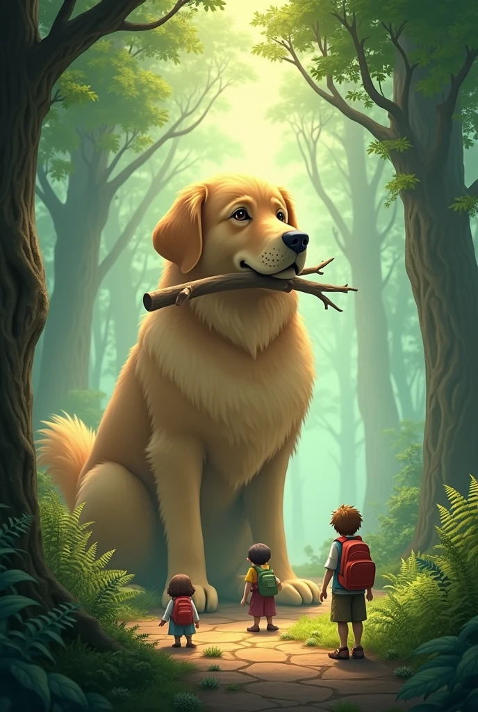 1. style: "3d", "Fantasy Illustration", "Ghibli style"
2. scene: "mysteriousな森", "Foggy forest"
3. character:
- "Huge and cute golden retriever"
- "Five little adventurers with backpacks"
4. illumination: "Fantastic Light", "wood々Light coming in from between"
5. tone: "暖かなtone", "Green and gold contrast"
6. details:
-ゴールデンレトリバーは嬉しそうにwoodの枝を持ってきた
-
- "苔むしたwoodの根"
- "Fern plants"
- "Forest Path"
7. composition: "Tiny adventurers versus giant animals"
8. atmosphere: "mysterious", "Inspire your sense of adventure", "Fantasy"
9. texture: "Soft coat", "Bark detail"
10. time zone: "In the morning haze" or "At dusk"