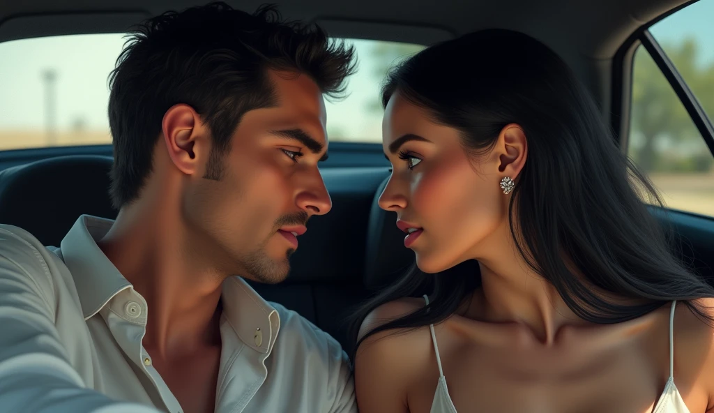white skinned woman with long black hair,2, ultra realistic beautiful woman with detailed face, she is talking to a handsome man inside a car, they are inside a car