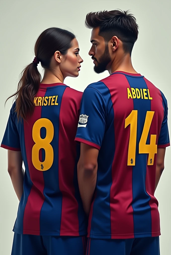 Woman and man from behind with the Barcelona shirt number 8 and 14 named Kristel and Abdiel and the woman with her hair tied to one side so that her names can be seen 