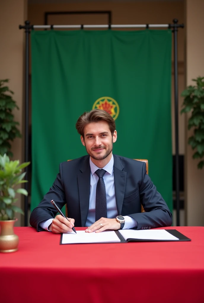 A 20 year old man on an expensive suit and a tie, sitting Infront of his audience signing documents with red seal.On the table is a green flag with a logo on it.The event takes place Infront of the company's headquarters.The majority part is on a red carpet more cleaner a more realistic I want a real picture