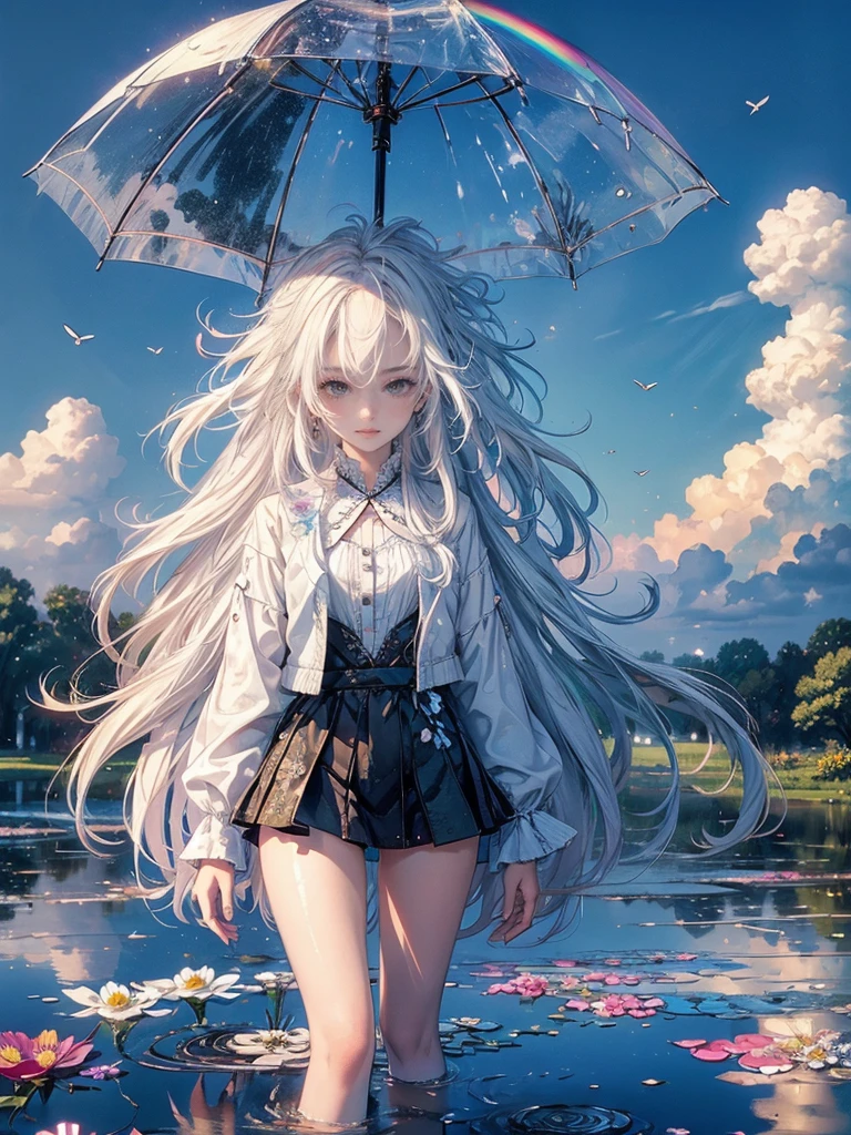 high quality, top quality,high resolution,1girl,solo,cute,white hair and long hair,after the rain, blue sky,rainbow in the sky,in park, puddle,wet flower