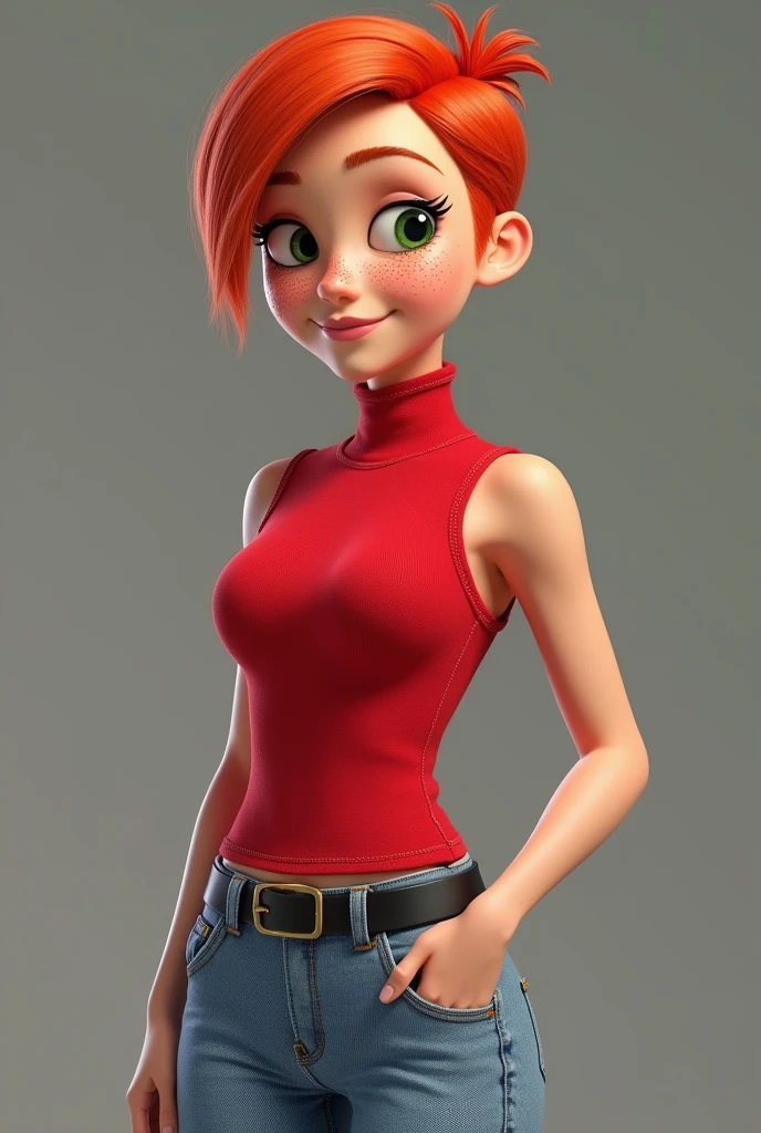 Candace from Phineas and Ferb wearing her red sleeveless turtleneck polo but instead of her white skirt she wears light blue jeans. But let it come out in images of a real woman