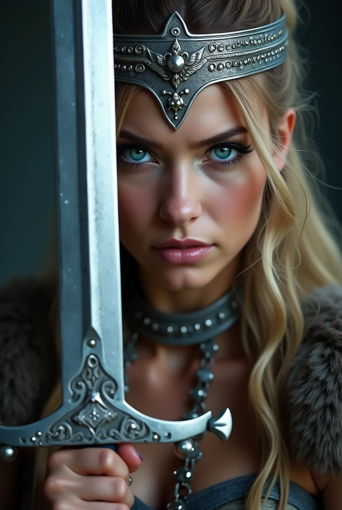 Close up viking warrior with sword in hand, blue colored eyes, pretty, viking makeup, sword close to the face, tiara on head , necklace on the neck