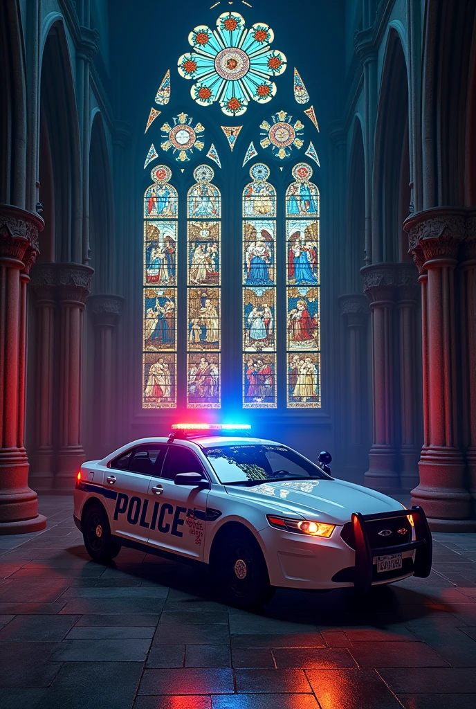 Give me a morphed album cover image of a cop cars lights & blue and red cathedral stained glass 

Cop car outside the church. Blue and red stained glass

Make me a stained glass cop car morph of little symbols that deal with jail and handcuffs 