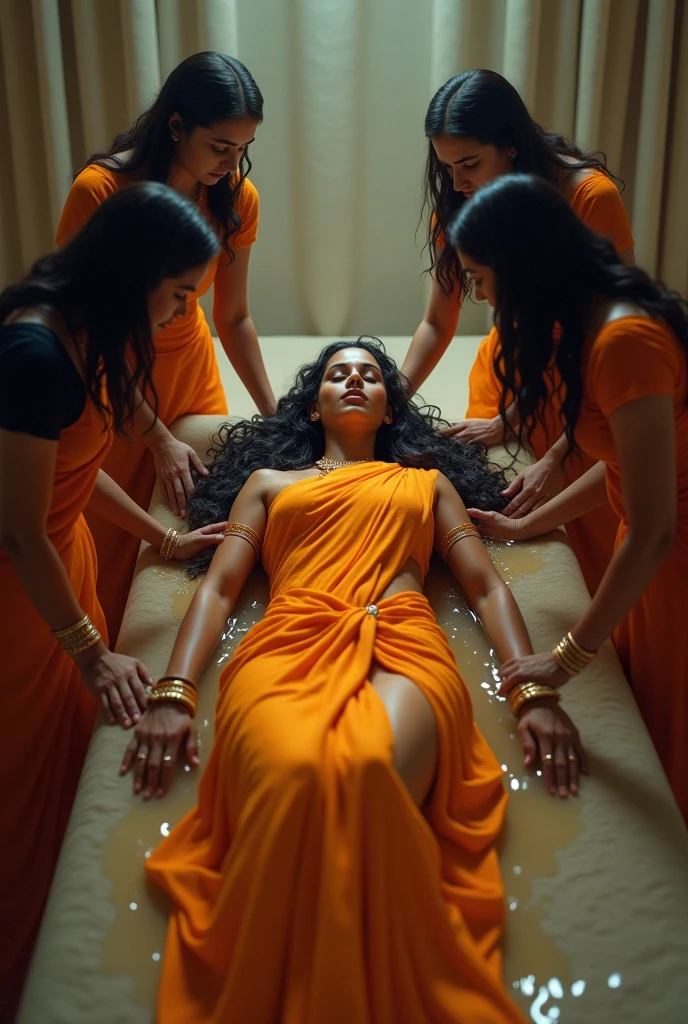 Beautiful woman in weavy hair and safron saree full length dead body pallu on the top of head laying in a bed and other girls bathing her with water