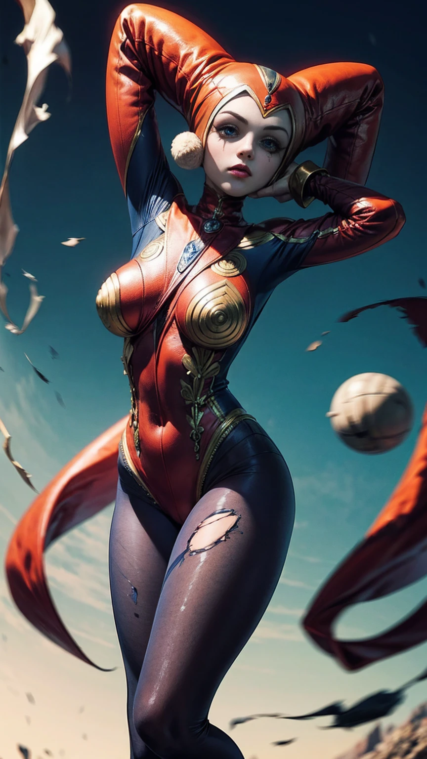 Harle (Chrono Cross), 1girl, slender acrobatic build, partial harlequin outfit, torn_high_cut_unitard, torn lacy leggings, fighting poses, full length portrait, (wide angle:1.32), dramatic lighting, cinematic composition, color harmony, hyper-detailed, detailed face, beautiful eyes, dimensional vortex in background, 8k, masterpiece, intricate clothing details, [no bra], strong_negative 