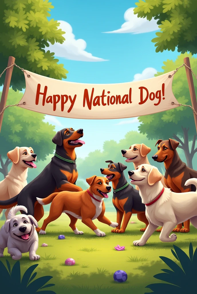 A group of different dogs playing. Text at the top that says Happy National Dog Day!