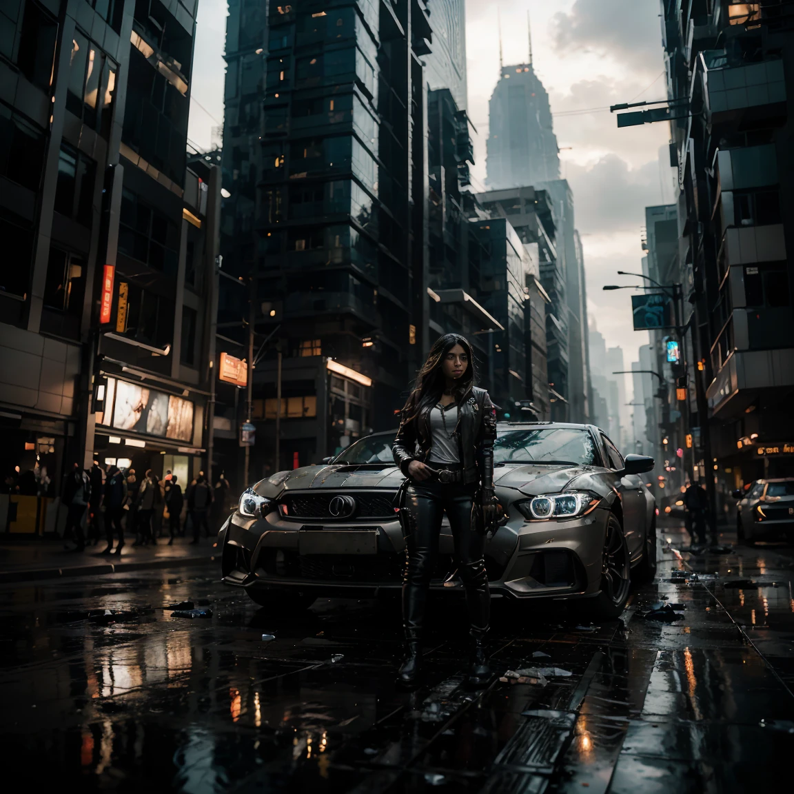 (of the highest quality, ultra high definition, 16k, masterpiece) A powerful girl, Pooja Hegde, walks confidently in front of his sturdy, Futuristic car in the middle of a chaotic, war-torn metropolis.. The shot is from medium to long view., capturing her determined presence and all the environment that surrounds her. She looks ahead with a fierce gaze., unwavering expression, embodying strength and resolve. She wears a fitted mecha camiseta under a stylish jacket and jeans pants, Her outfit combines practicality with a touch of modern style... The jacket is detailed with armas de fuego, rifles, and utility pockets, Improving your battle-ready appearance. His hair is disheveled and unruly, adding to its dynamic presence. The car behind her is a highly modified., armored vehicle, its exterior marked by countless battles. It is a testament to their resilience and ingenuity.., with various gadgets and weapons mounted on its frame. the car is elegant, complements the overall gritty atmosphere. In the background, the entire skyline of the metropolis is visible, partially obscured by smoke and ash. Skyscrapers rise amidst chaos, Many of them are badly damaged with large holes and crumbling facades.. Explosions light up the scene, casting an eerie glow over the widespread destruction. Spaceships float ominously in the sky, involved in fierce air battles, Their elegant designs contrast with the devastation that lies beneath.. The ground is littered with debris and remains of destroyed structures.., increasing the sense of a world torn apart by conflict. Pieces of metal, broken glass, and vehicle remains are scattered across the landscape. The lighting is spectacular., with strong contrasts that highlight the textures of her outfit and the metallic surface of her car. The play of light and shadow emphasizes the intense expression on his face and the chaos of the background...