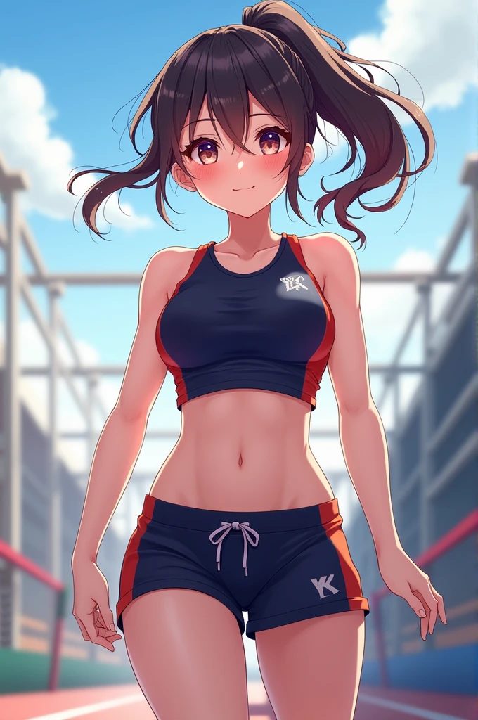 Anime girl wearing athletic shorts and shirt