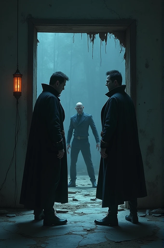 One villain next to another in a dark room, about to place a protective device on it, as the hero bursts through a broken door.