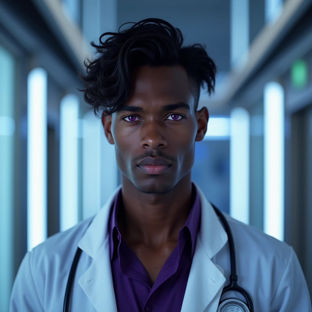 Photograph headshot, very tall French featured male model, medium length wavy-curl-wavy side parted hair, shaved, toned body, dark ebony skin, vibrant purple eyes, tall thin toned body. Gentle smile expression. Doctor coat, dark purple shirt, modern sci-fi hospital office.