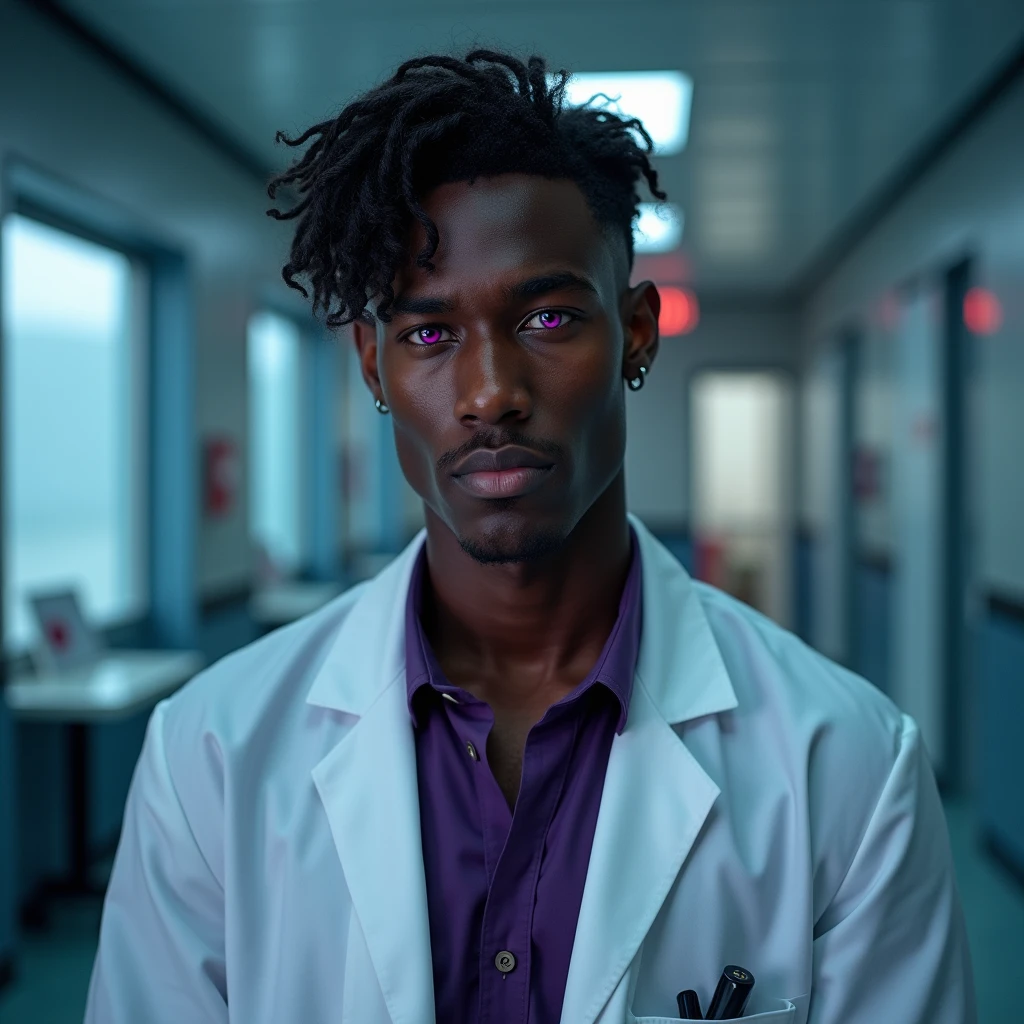 Photograph headshot, very tall French featured male model, medium length wavy-curl-wavy side parted hair, shaved, toned body, dark ebony skin, vibrant purple eyes, tall thin toned body. Gentle smile expression. Doctor coat, dark purple shirt, modern sci-fi hospital office.