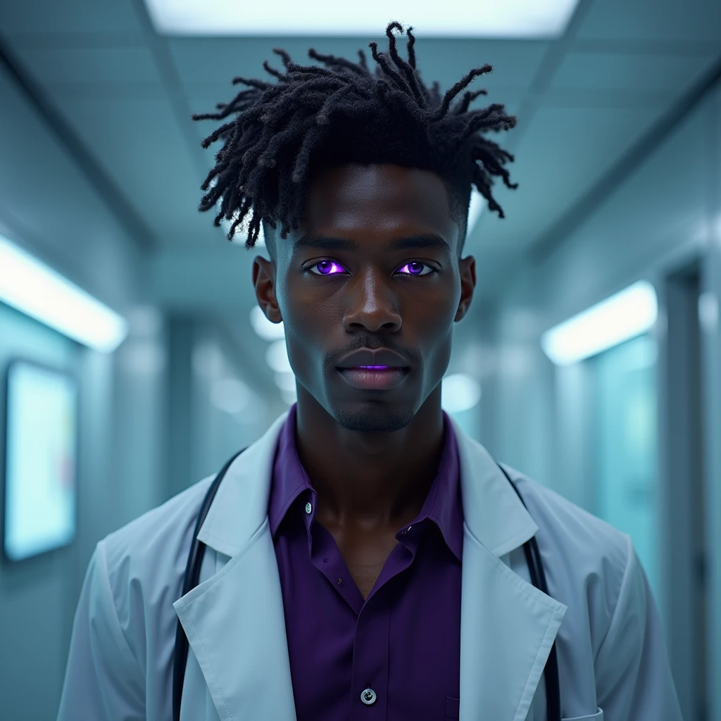 Photograph headshot, very tall French featured male model, medium length wavy-curl-wavy side parted hair, shaved, toned body, dark ebony skin, vibrant purple eyes, tall thin toned body. Gentle smile expression. Doctor coat, dark purple shirt, modern sci-fi hospital office.