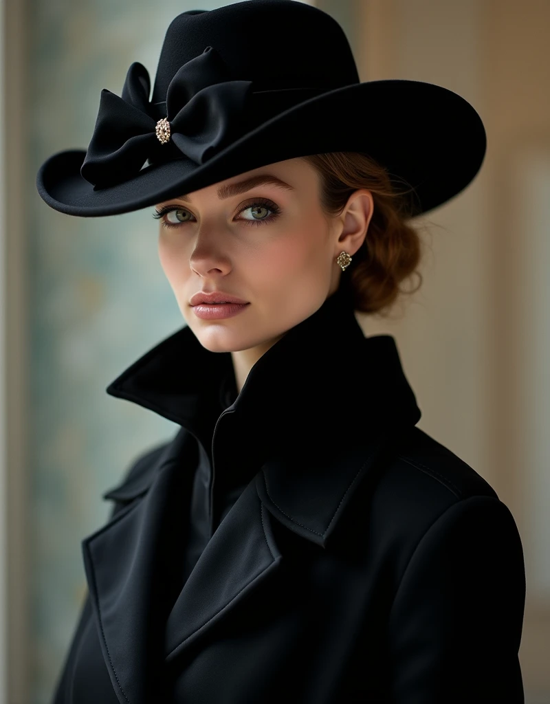 The model wears a black jacket and a black hat, in 32k uhd style, Rococo elegance, Vintage style design, bold curves, ferrania p30, Limited color range