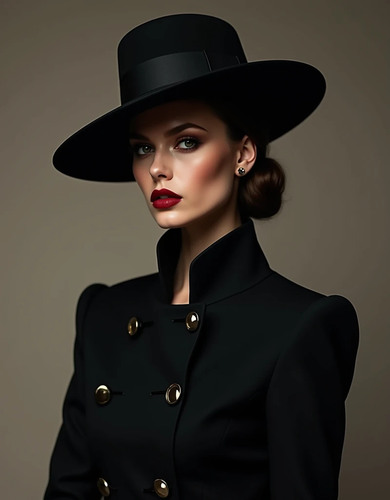 The model wears a black jacket and a black hat, in 32k uhd style, Rococo elegance, Vintage style design, bold curves, ferrania p30, Limited color range