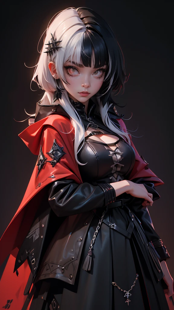 envision a 8k, highres, cinematic, beautiful full body design sheet of a short girl named Shiori Novella with long black and white hair with hair ornaments, Amber eyes, and goth messy makeup wearing a goth military Lolita dress and red cape against a dark background