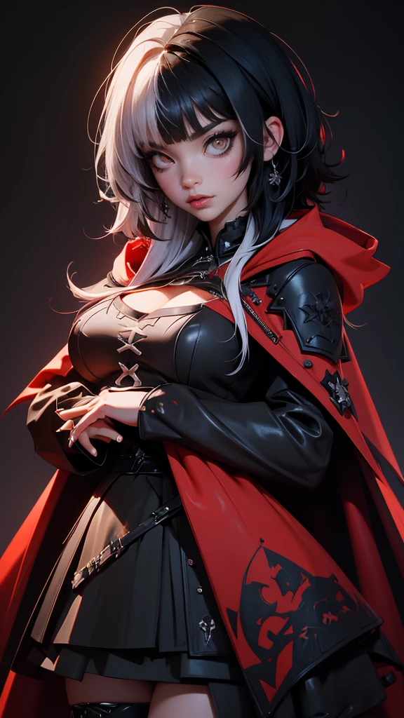 envision a 8k, highres, cinematic, beautiful full body design sheet of a short girl named Shiori Novella with long black and white hair with hair ornaments, Amber eyes, and goth messy makeup wearing a goth military Lolita dress and red cape against a dark background