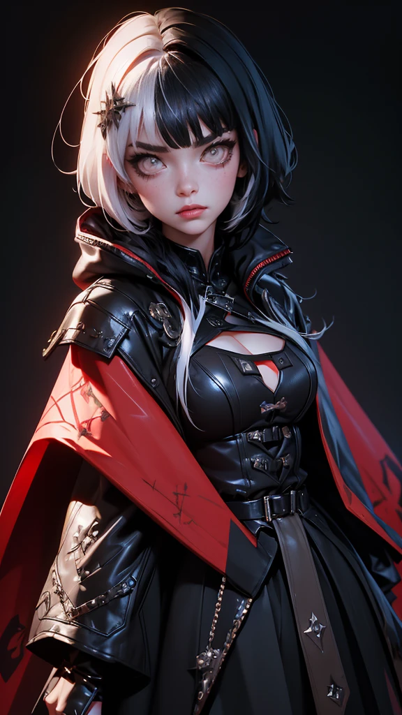 envision a 8k, highres, cinematic, beautiful full body design sheet of a short girl named Shiori Novella with long black and white hair with hair ornaments, Amber eyes, and goth messy makeup wearing a goth military Lolita dress and red cape against a dark background