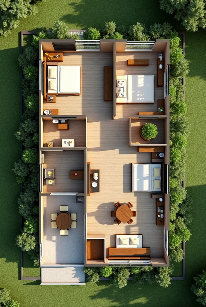 Create a 1-story floor plan with the tropical architect with 40 square meters and 2 bedrooms, 1 office, 1 American kitchen, 1 office, 2 bathrooms, 1 room , service area and stairs to the 2nd floor