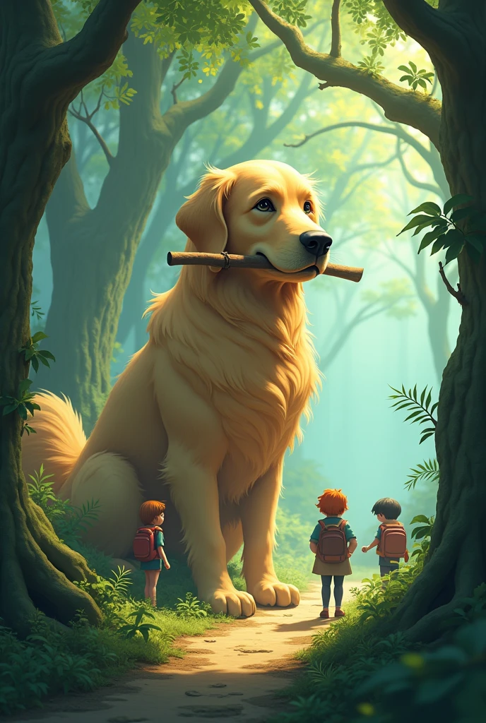 1. style: "3d", "Fantasy Illustration", "Ghibli style"
2. scene: "mysteriousな森", "Foggy forest"
3. character:
- "Huge and cute golden retriever"
- "Five little adventurers with backpacks"
4. illumination: "Fantastic Light", "wood々Light coming in from between"
5. tone: "暖かなtone", "Green and gold contrast"
6. details:
-ゴールデンレトリバーは嬉しそうにwoodの枝を持ってきた
-
- "苔むしたwoodの根"
- "Fern plants"
- "Forest Path"
7. composition: "Tiny adventurers versus giant animals"
8. atmosphere: "mysterious", "Inspire your sense of adventure", "Fantasy"
9. texture: "Soft coat", "Bark detail"
10. time zone: "In the morning haze" or "At dusk"