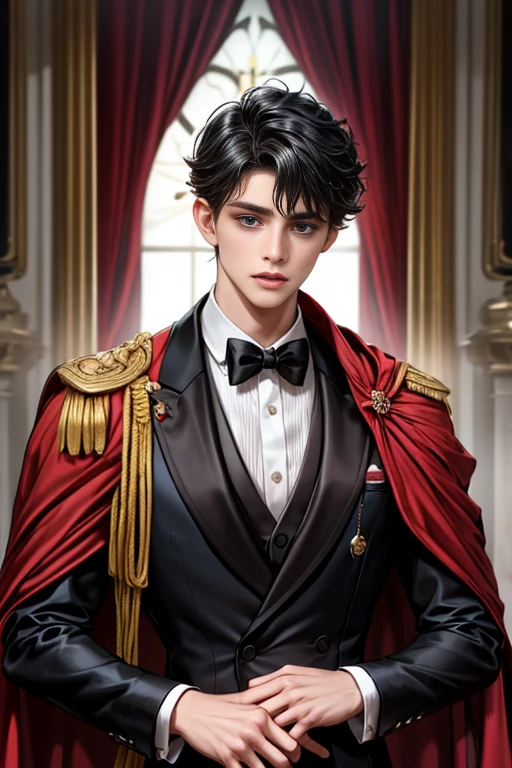 masterpiece, 最high quality, high quality, 1 boy, alone, Male focus, Upper Body,Watching the audience, Messy black hair, Adorable big blue eyes, White, Noble, Noble,A black and red cape that is bursting with sexy volume、Tuxedo、A very voluminous, large, very large, very large, long, long red and black cape with a high stand-up collar, made of a lot of fabric that reaches down to the floor., ,cute beautiful,Cute, cute, kind, handsome guy