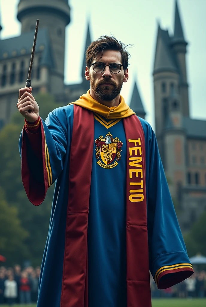 Lionel Messi dressed as Harry Potter with the Gryffindor logo with the wand and hat with blue and yellow clothing