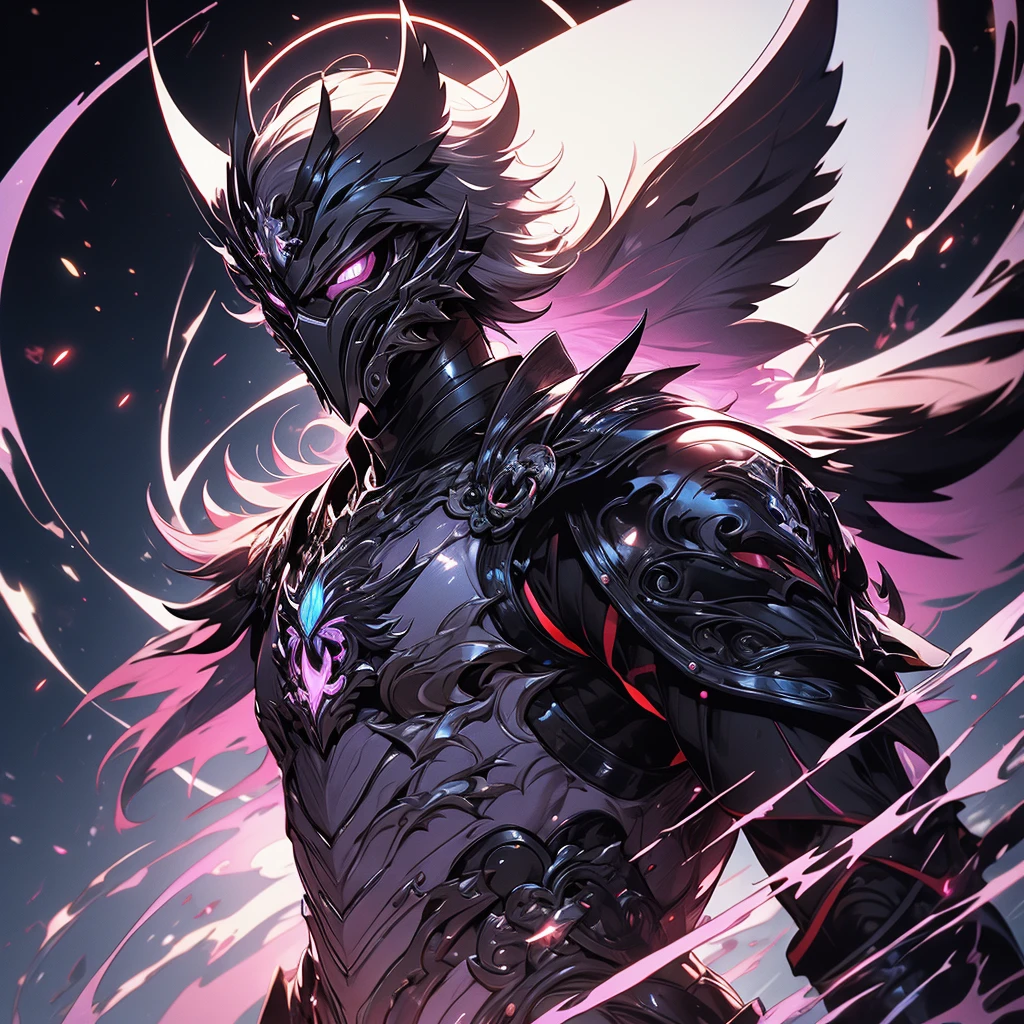 ((masterpiece)), (best quality), (ultra-detailed), (best illustration), (best illumination), photorealistic, 1guy, solo, medium delicate hair, white hair, no face, lilac eyes, black armor, lilac armor, multicolored armor, hammer hero, crazy, metal halo behind, dark aura, obsession, glowing pupils, full body, floating in air, ruins scenery, mask, face covered with mask, masculine body.