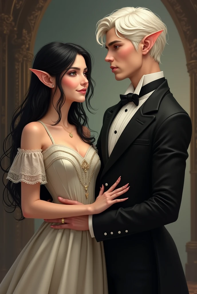 Black-haired half-elf wearing a simple light Victorian dress, smiling with a platinum-haired elf dressed in a black Victorian suit.