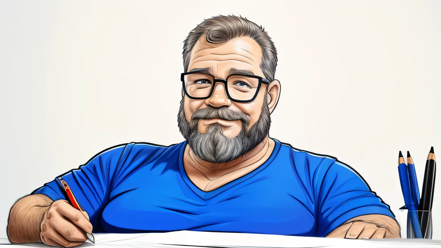 DClark, D_Clark, a sketch of a man with glasses and a beard, drawn on paper with a blue ballpoint pen, on an office desk, simple lines, poor drawing, light background, cartoon style, caricature, simple lines, simple drawing, colored pencil
