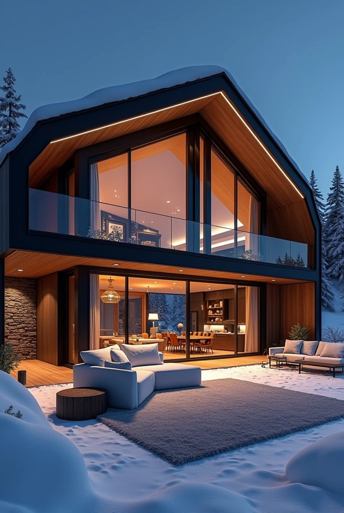 create a photo taken inside a large, modern chalet made of iron and glass in the middle of the snow at night with warm white LED profile lighting, large carpet in the living room, sofa with towel fabric, minimalist style with neoclassical and modern industrial