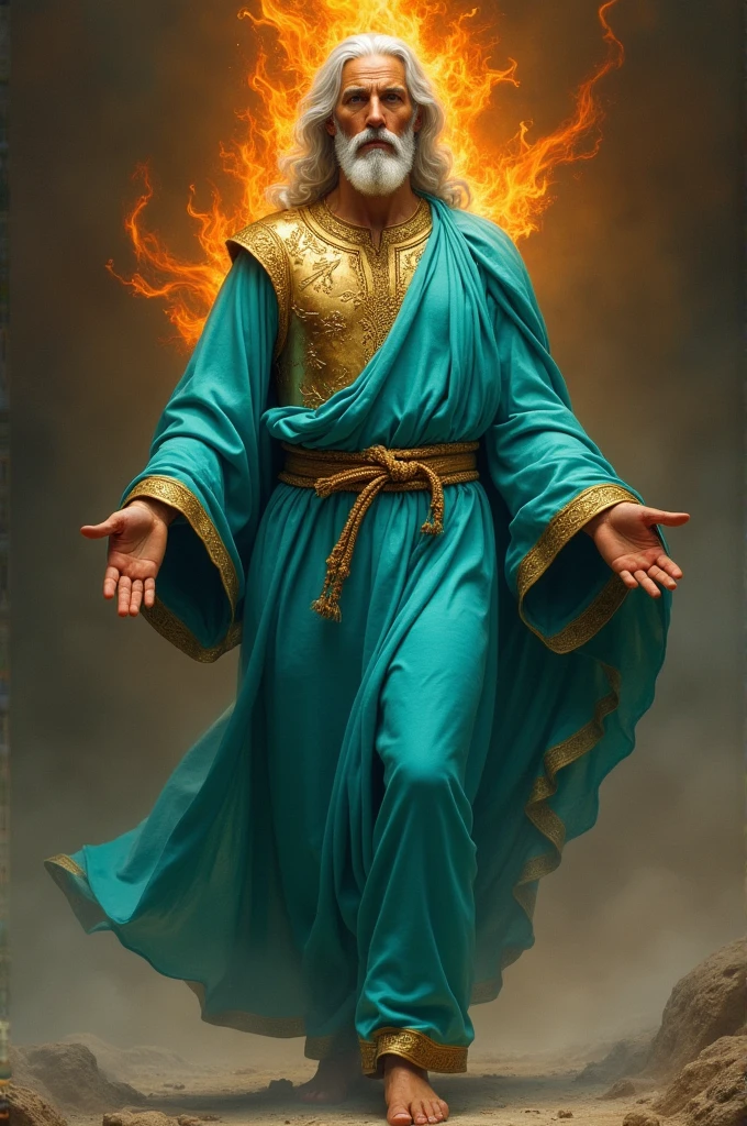A man dressed in turquoise linen, eyes like a flame of fire, shoulders girded with gold, body like turquoise, arms, hands and feet of bronze White hair Jesus