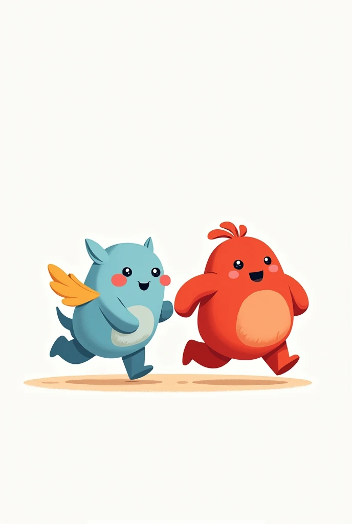Create two cute characters, they must be formless non-human beings for children. Strength and Movement they are friends. Strength robust red and Movement light blue, these on a white background with running poses