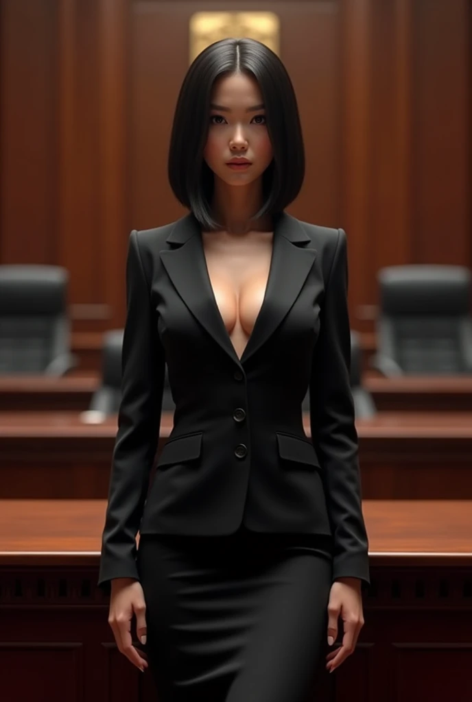 ((nsfw)), (masterpiece, top quality, best quality, official art, beautiful and aesthetic:1.2) Claire Wong, a sophisticated and no-nonsense 3 lawyer, who has super sexually attractive body, is depicted in a luxurious courtroom, standing confidently before a judge. She is dressed in a perfectly fitted black pencil skirt and blazer, her hair styled in a sleek, straight bob that adds to her sharp, professional appearance. Her piercing gaze and calm demeanor command the attention of everyone in the room as she delivers her arguments with precision. The courtroom is grand, with dark wood paneling and elegant architecture, emphasizing the seriousness and authority of the scene. Hyper-detailed, dramatic lighting, professional atmosphere, 8K.