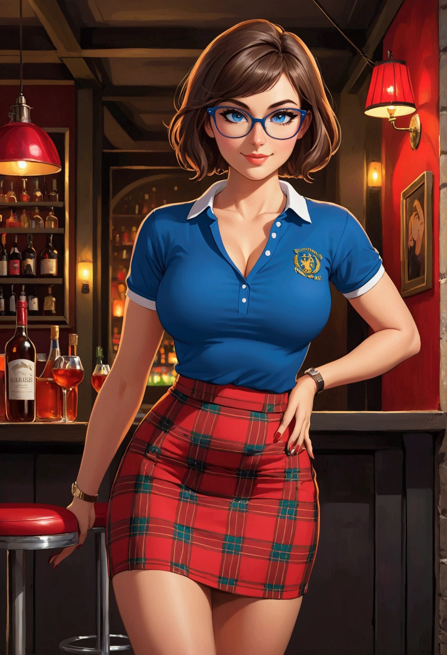 20 years old woman, Short brown hair, Méditerranéenne aux blue eye, Generous and heavy breasts, slender waist, estomac defini, fesses rebondies et pulpeuses, naturally curved, muscular thighs, aguicheuse, nightclub , blue eye, lunettes, red tartan skirt and polo shirt, heels, ssmile