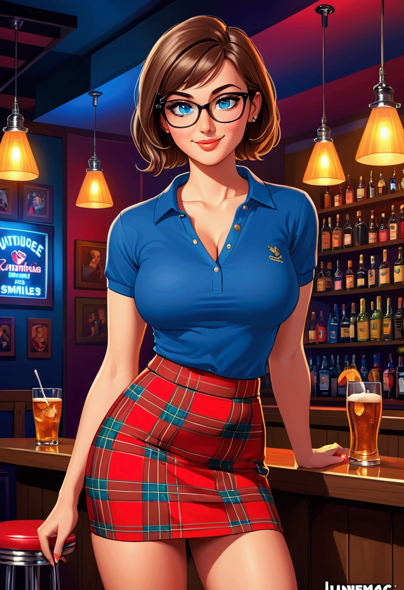 20 years old woman, Short brown hair, Méditerranéenne aux blue eye, Generous and heavy breasts, slender waist, estomac defini, fesses rebondies et pulpeuses, naturally curved, muscular thighs, aguicheuse, nightclub , blue eye, lunettes, red tartan skirt and polo shirt, heels, ssmile