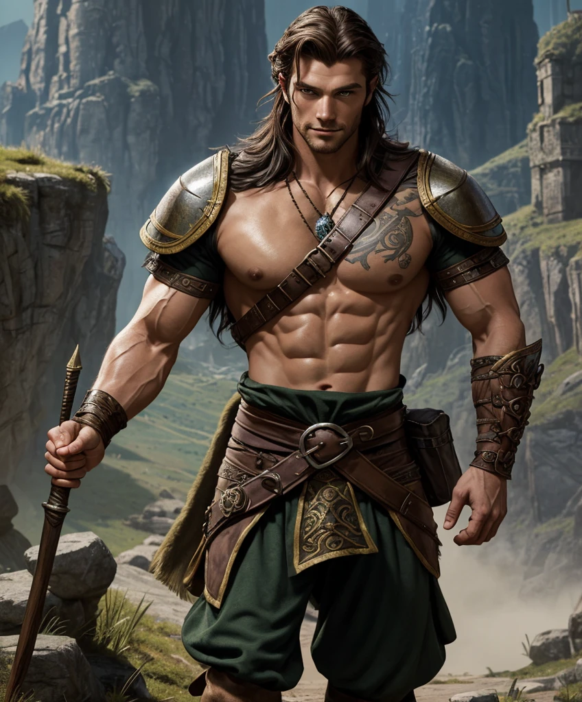 (((Solo focus.))) (((Single character image.))) (((Looks like a great fantasy adventurer.))) (((Dressed in medieval fantasy attire.))) (((Handsome and young.))) (((Looks like beefcake male fantasy character.))) (((Dressed in medieval fantasy attire.))) (((Ideal male physique.))) (((Bare chest, tattoos, perfect abs.))) (((Long white hair in a sexy masculine style.))) (((Extremely handsome face.))) Looks like a fun-loving and heroic male adventurer for Dungeons & Dragons. Looks like a very attractive male adventurer for a high fantasy setting. Looks like a handsome and rugged male adventurer for Dungeons & Dragons. Looks like a handsome male for a medieval fantasy setting. Looks like a Dungeons & Dragons adventurer, very cool and masculine hair style, black clothing, handsome, charming smile, adventurer, athletic build, excellent physique, confident, gorgeous face, gorgeous body, detailed and intricate, fantasy setting,fantasy art, dungeons & dragons, fantasy adventurer, fantasy NPC, attractive male in his mid 20's, ultra detailed, epic masterpiece, ultra detailed, intricate details, digital art, unreal engine, 8k, ultra HD, centered image award winning, fantasy art concept, digital art, centered image, flirty,ure:1.4, picture-perfect:1.0,8k, HQ,best quality:1.0,