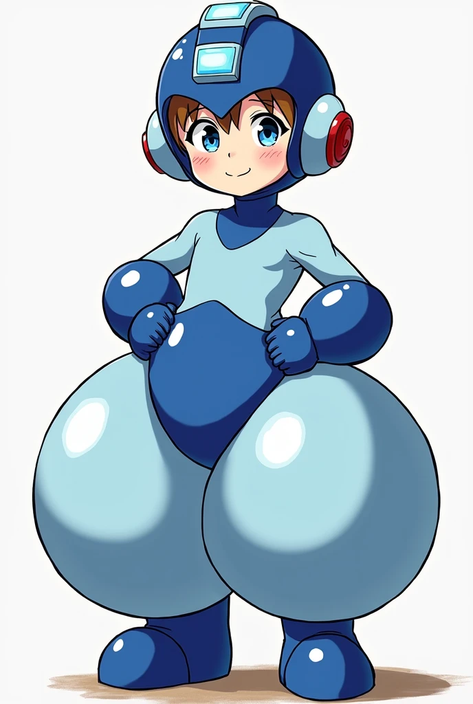 Small boy, around six years old, brown hair, blue eyes, anime style, wearing a Megaman outfit consisting of a light blue leotard, humongous inflatable satin ATS-style 4-yard harem pants, royal blue ankle boots, royal blue large rounded coverings on the lower arms, royal blue Megaman helmet, and a large inflatable royal blue satin Megaman diaper. His helmet has a raised light blue square in the forehead and a light blue rectangle running straight back from the square, resembling an exclamation mark. His helmet also features round light blue sections with red circles in the center over his ears. The pants are puffy and very round, the diaper is extremely puffy and completely round and completely spherical. High quality.