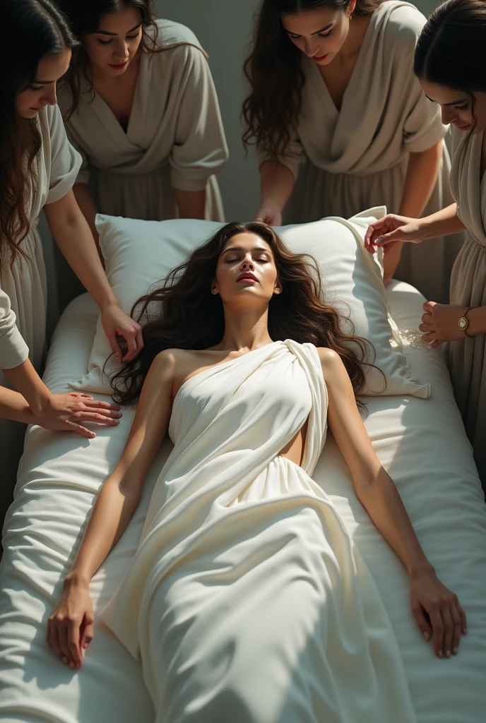 Beautiful woman in weavy hair and white
saree full length dead body pallu on the top of head laying in a bed and other girls bathing her with water