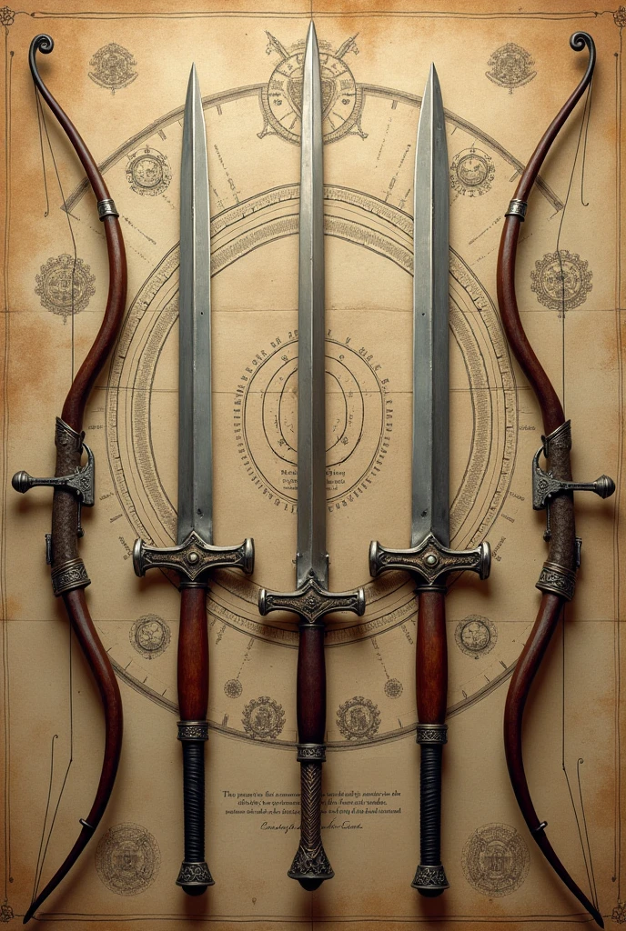 An image depicting medieval weapons such as English longbows and swords, placed alongside a detailed plan or diagram of military formations. The image highlights how warfare drove innovations in technology and strategy, with the weapons displayed prominently and the formations illustrated clearly. The style is inspired by Edmund Blair Leighton, featuring intricate details, historical accuracy, and a focus on the tactical aspects of medieval warfare., Surrealism, Hyperrealism, UHD, retina, masterpiece, accurate, anatomically correct, textured skin, super detail, high quality, 16k