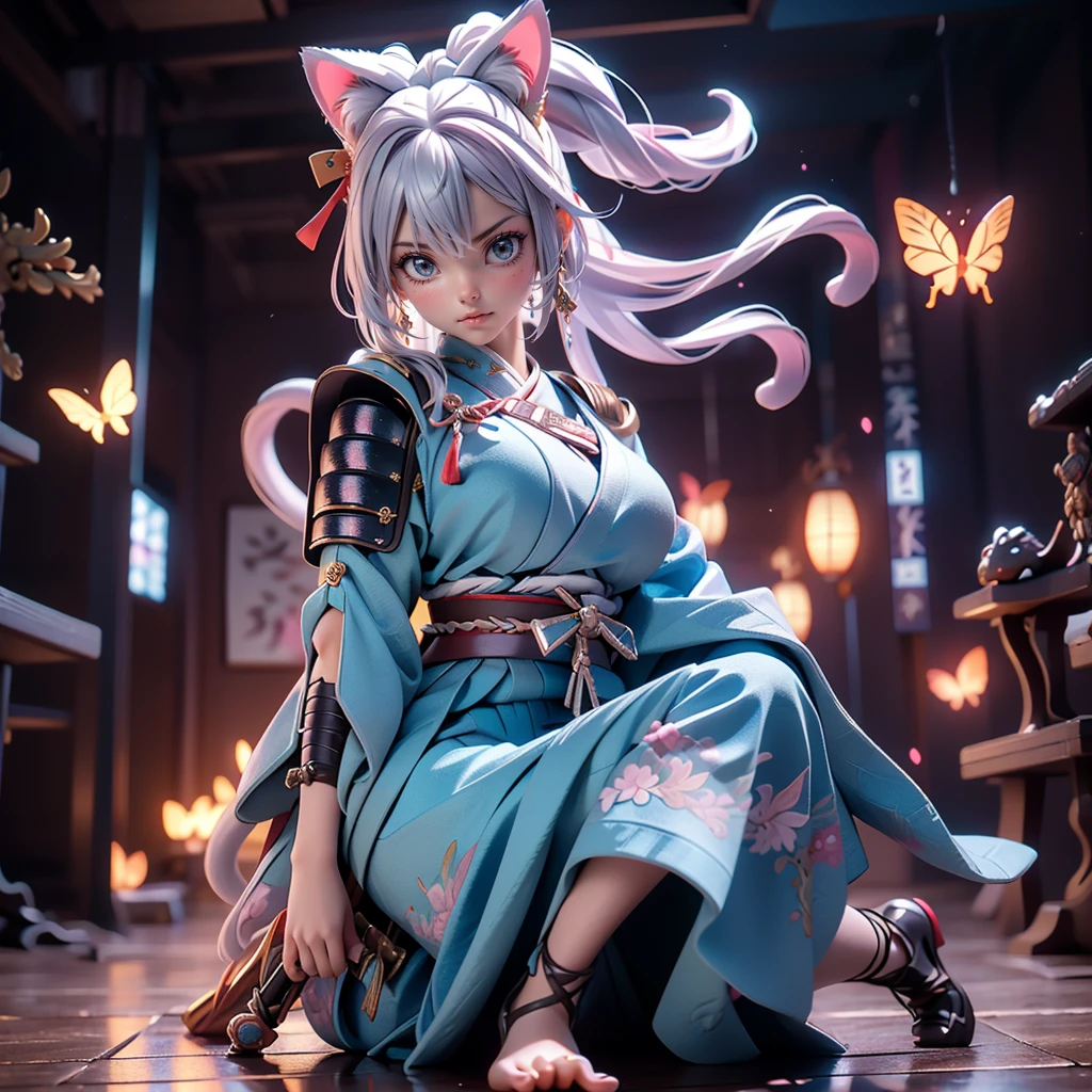 Moisturized Skin, (blue eyes), Realistic body, (Adult female body), Attractive breasts, ((Overlord color supremacy)), Energetic, 3DCG, front, Pink lipstick, (Silver Hair), ((Cat ear)), Beautiful Hair, Long Hair, ponytail, (((Samurai Armor: 1.3))), ((masterpiece + Highest quality + High resolution + Very detailedな)), (whole body: 1.2), Full fingers, Complete limbs, Anatomically correct, Textured skin, Very detailed, Anime with sword and butterfly wings in the sky, Demon Slayer Louis Fan Art, She has a sword, Pulling out the sword, Ayaka Genshin Impact,