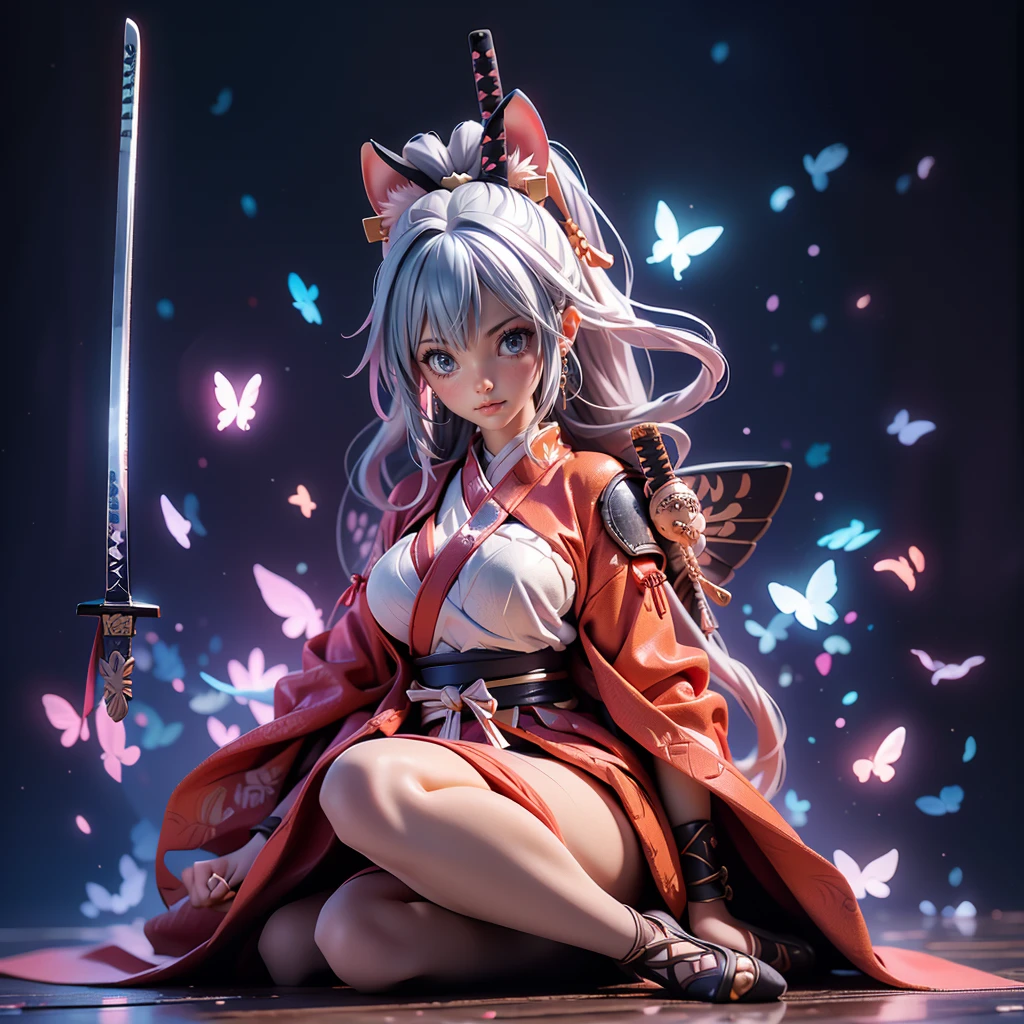 Moisturized Skin, (blue eyes), Realistic body, (Adult female body), Attractive breasts, ((Overlord color supremacy)), Energetic, 3DCG, front, Pink lipstick, (Silver Hair), ((Cat ear)), Beautiful Hair, Long Hair, ponytail, (((Samurai Armor: 1.3))), ((masterpiece + Highest quality + High resolution + Very detailedな)), (whole body: 1.2), Full fingers, Complete limbs, Anatomically correct, Textured skin, Very detailed, Anime with sword and butterfly wings in the sky, Demon Slayer Louis Fan Art, She has a sword, Pulling out the sword, Ayaka Genshin Impact, 