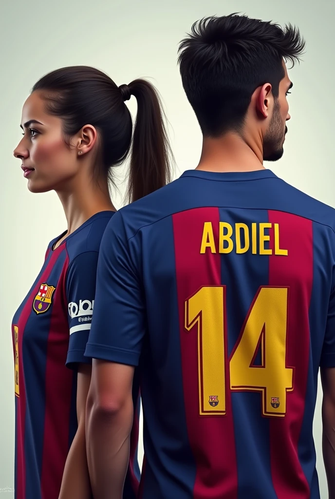 Woman and man from behind with the Barcelona shirt number 8 and 14 named Kristel and Abdiel and the woman with her hair tied to one side so that her names can be seen 