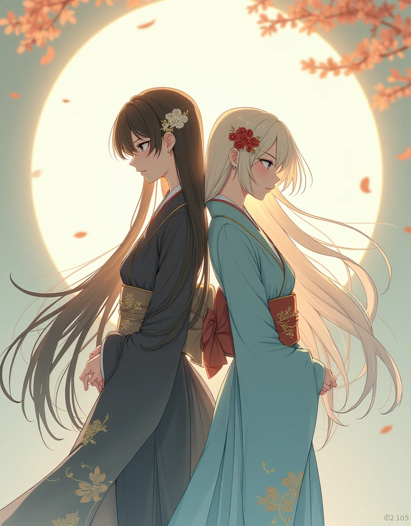Bean paste background Cute but they're both in the center, back to back Wearing a kimono Long hair mysterious Visually appealing High resolution Elegance Anime Style