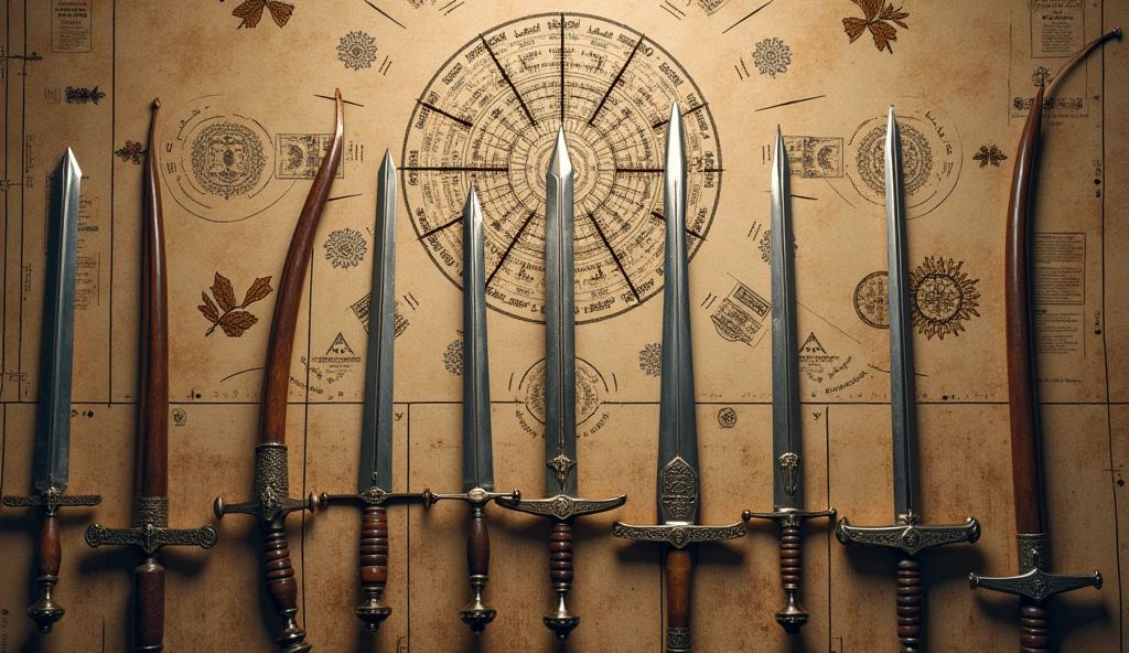 An image depicting medieval weapons such as English longbows and swords, placed alongside a detailed plan or diagram of military formations. The image highlights how warfare drove innovations in technology and strategy, with the weapons displayed prominently and the formations illustrated clearly. The style is inspired by Edmund Blair Leighton, featuring intricate details, historical accuracy, and a focus on the tactical aspects of medieval warfare., Surrealism, Hyperrealism, UHD, retina, masterpiece, accurate, anatomically correct, textured skin, super detail, high quality, 16k
